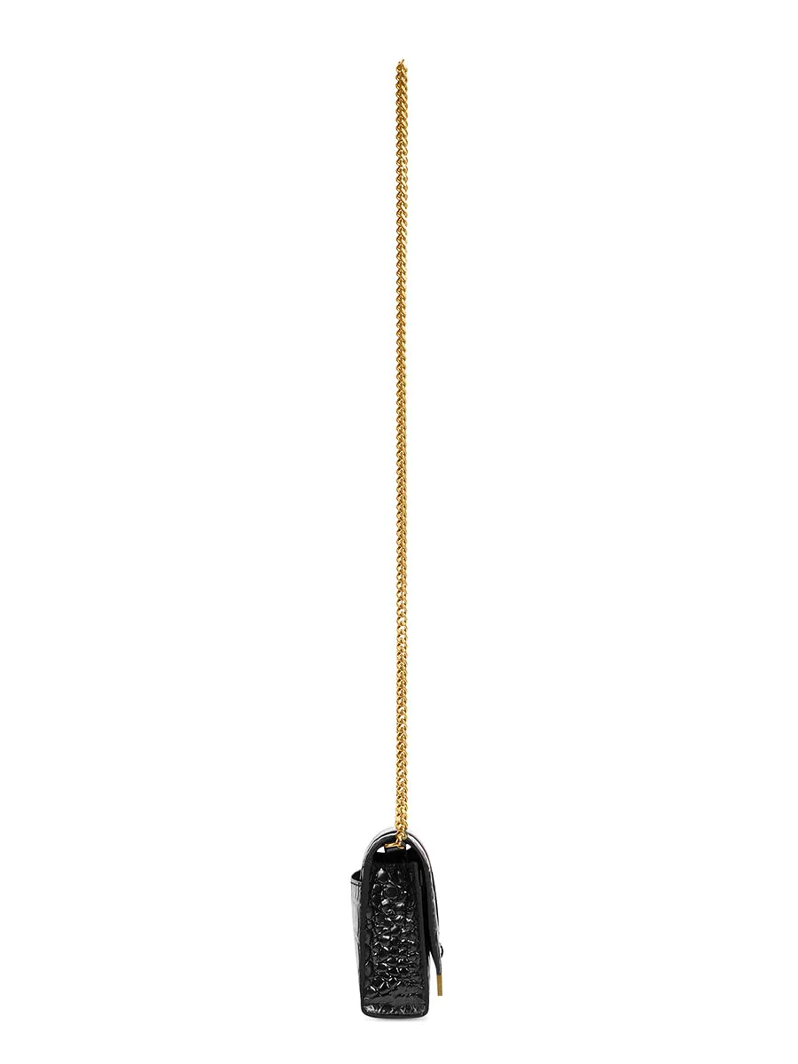Hourglass Wallet With Chain Crocodile Embossed Leather in Black