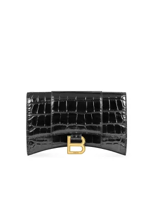 Hourglass Wallet With Chain Crocodile Embossed Leather in Black