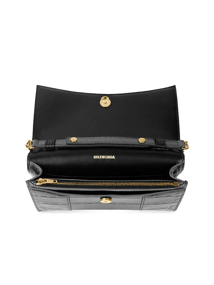 Hourglass Wallet With Chain Crocodile Embossed Leather in Black