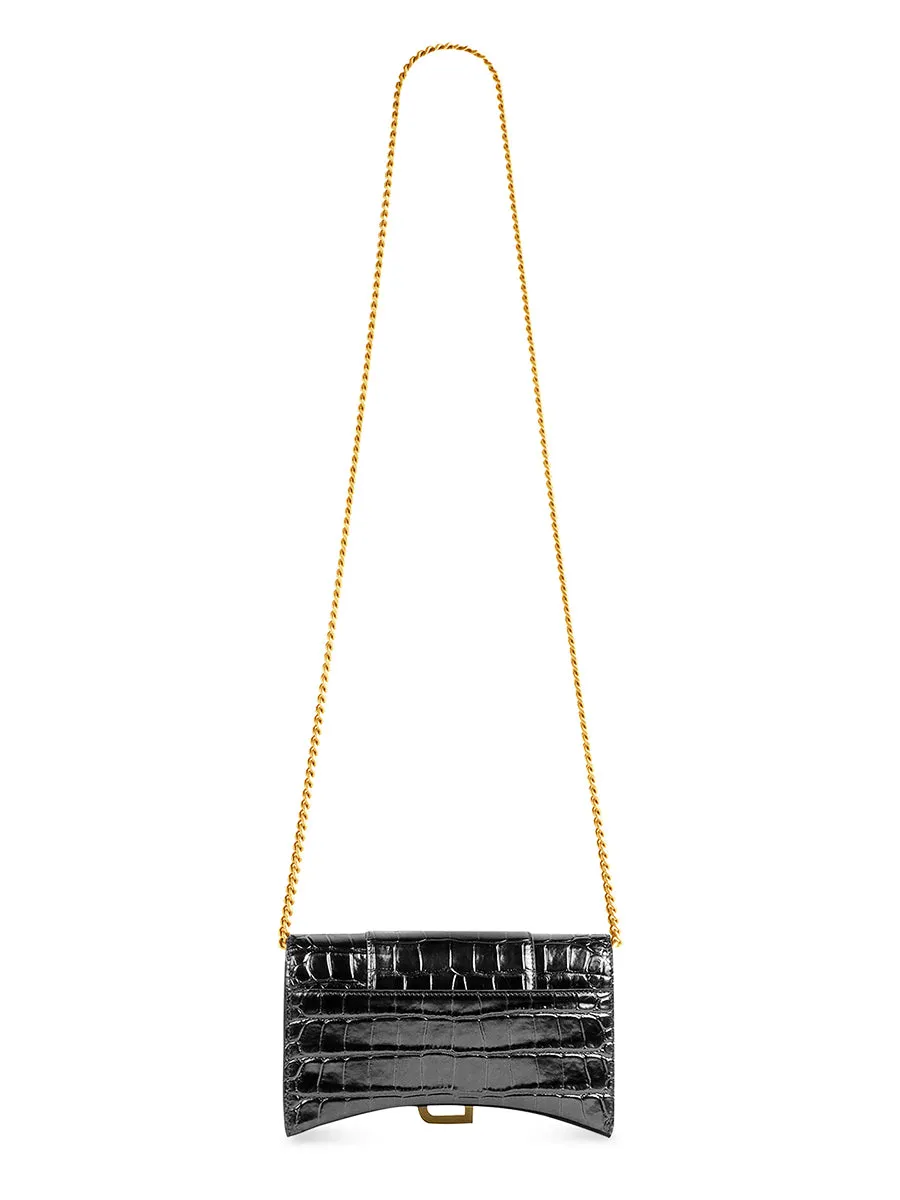 Hourglass Wallet With Chain Crocodile Embossed Leather in Black
