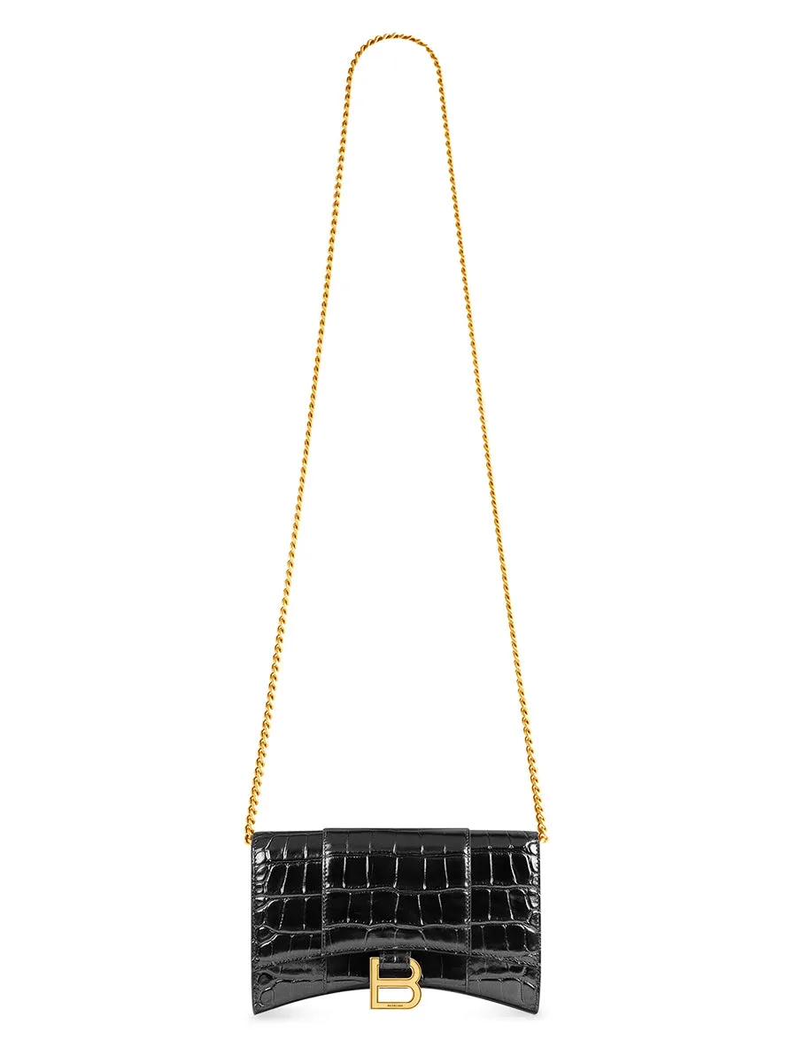 Hourglass Wallet With Chain Crocodile Embossed Leather in Black