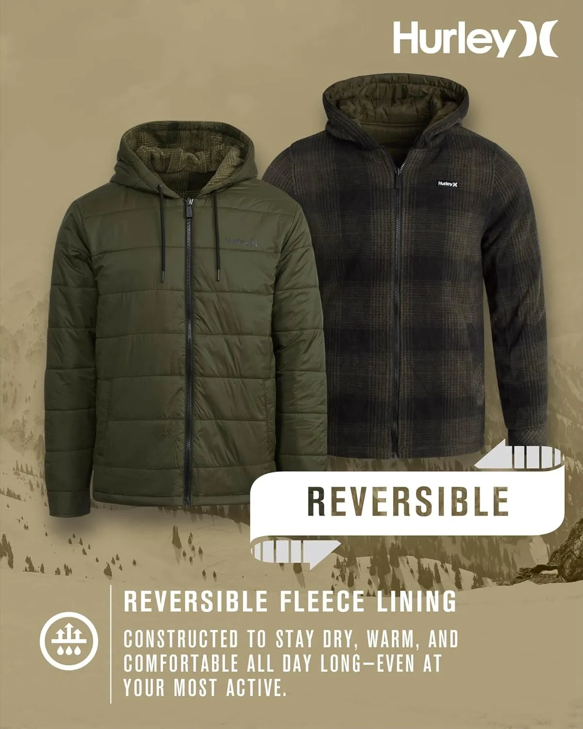 Hurley Men's Reversible Puffer Jacket - Quilted Nylon to Plaid Fleece Puffer Jacket - Insulated Winter Jackets for Men (S-XL)