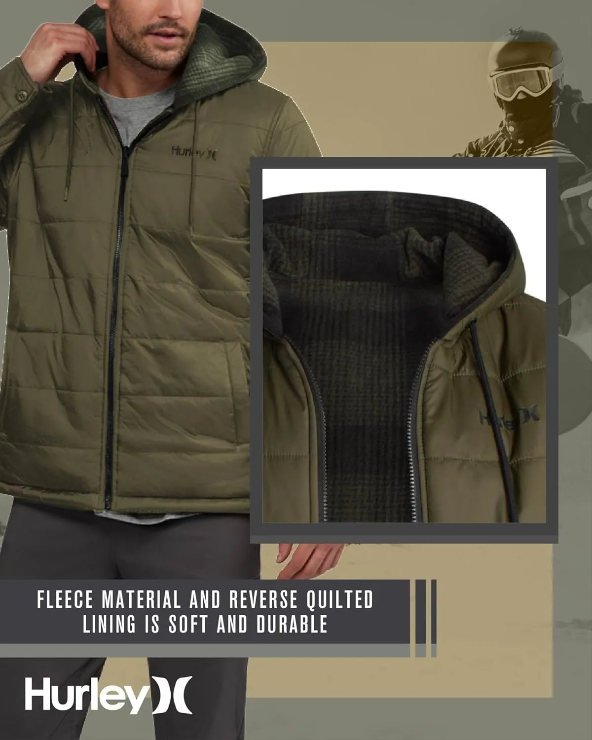 Hurley Men's Reversible Puffer Jacket - Quilted Nylon to Plaid Fleece Puffer Jacket - Insulated Winter Jackets for Men (S-XL)