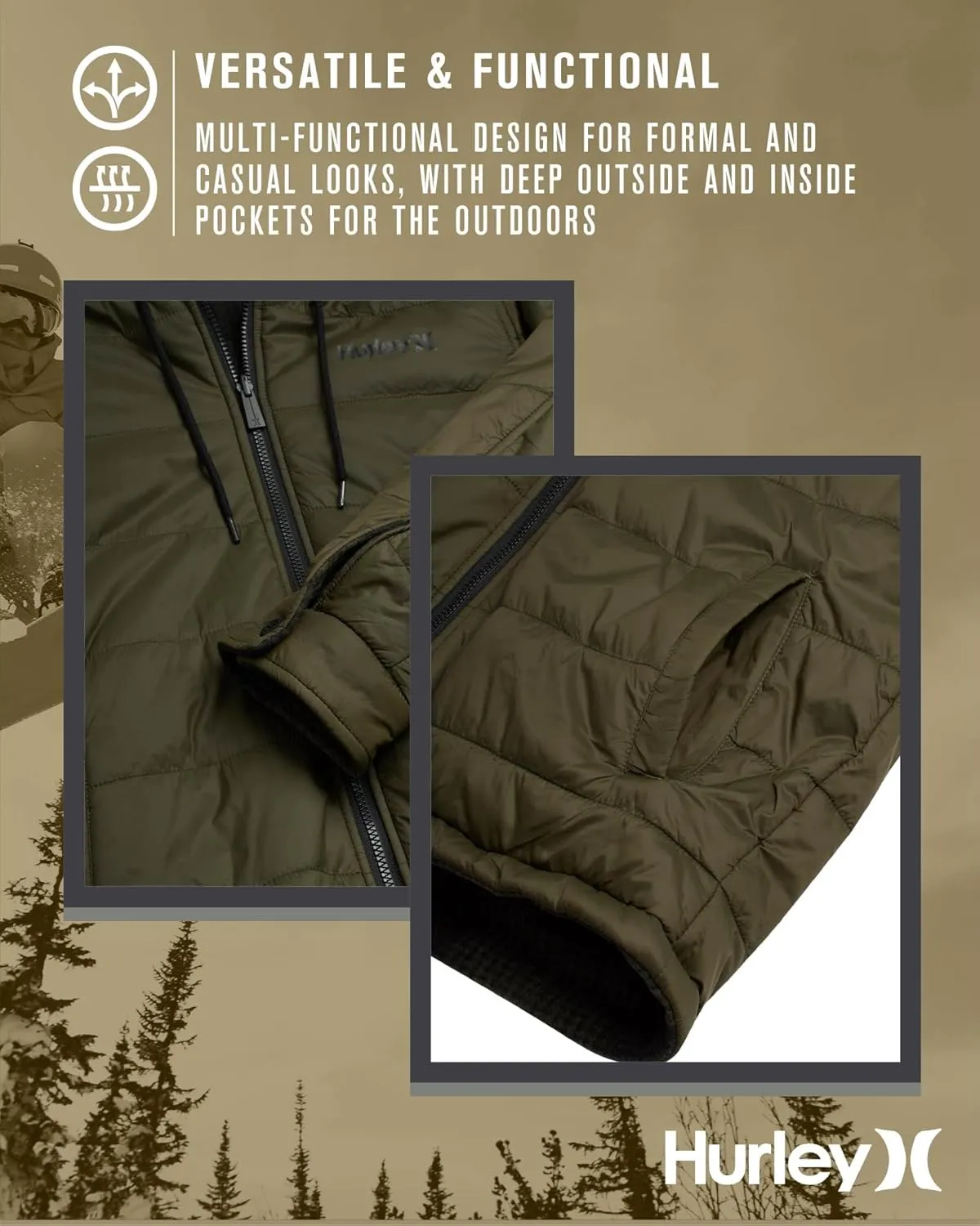 Hurley Men's Reversible Puffer Jacket - Quilted Nylon to Plaid Fleece Puffer Jacket - Insulated Winter Jackets for Men (S-XL)