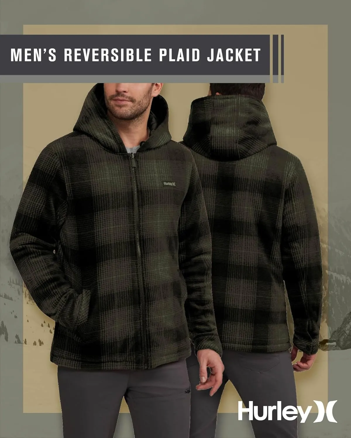 Hurley Men's Reversible Puffer Jacket - Quilted Nylon to Plaid Fleece Puffer Jacket - Insulated Winter Jackets for Men (S-XL)