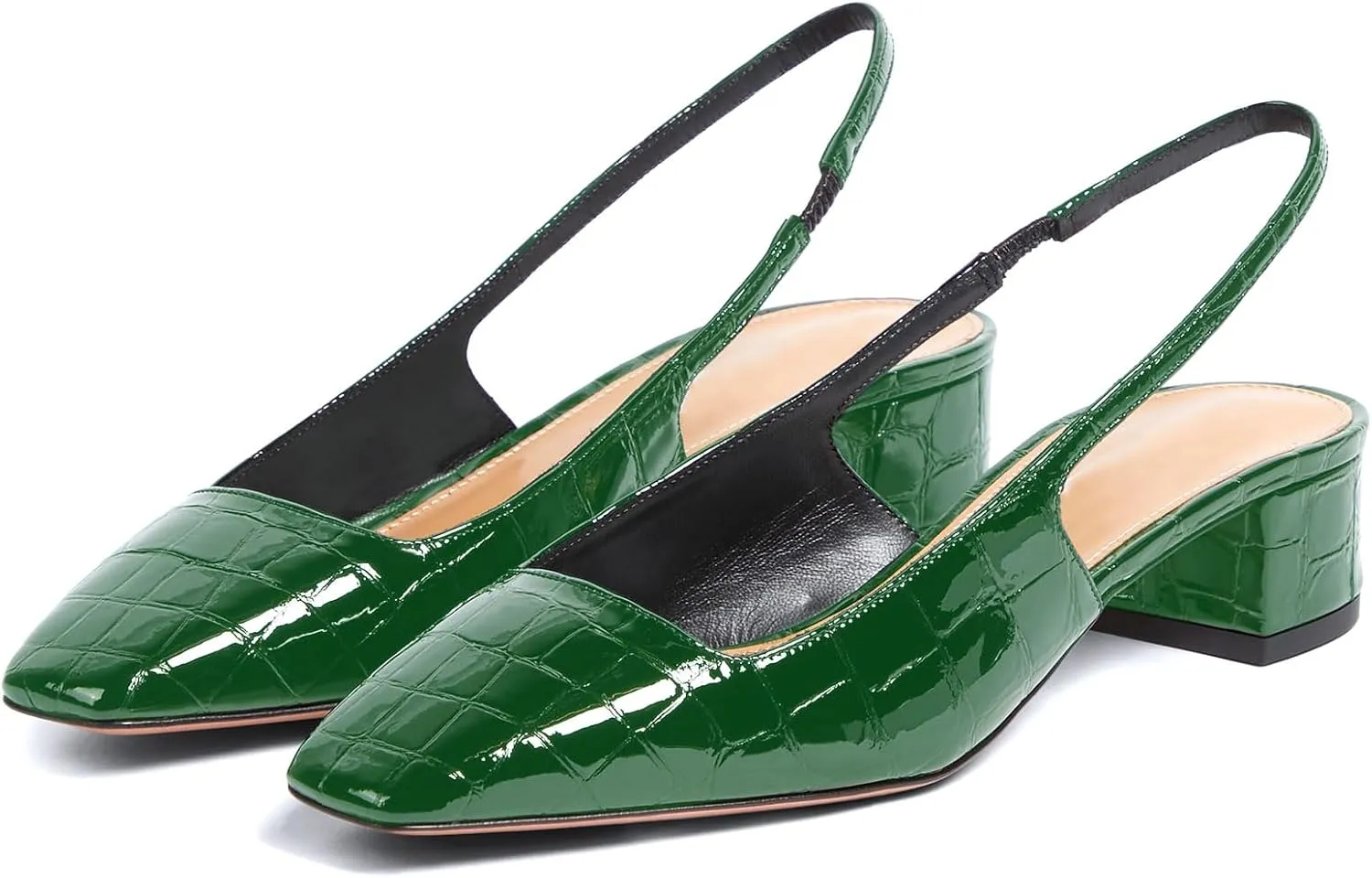 iadore Women Sexy Low Block Heel Shoes Fashion Patent Leather Crocodile Square Toe Slingback Summer Dress Pumps Size 5-12 US