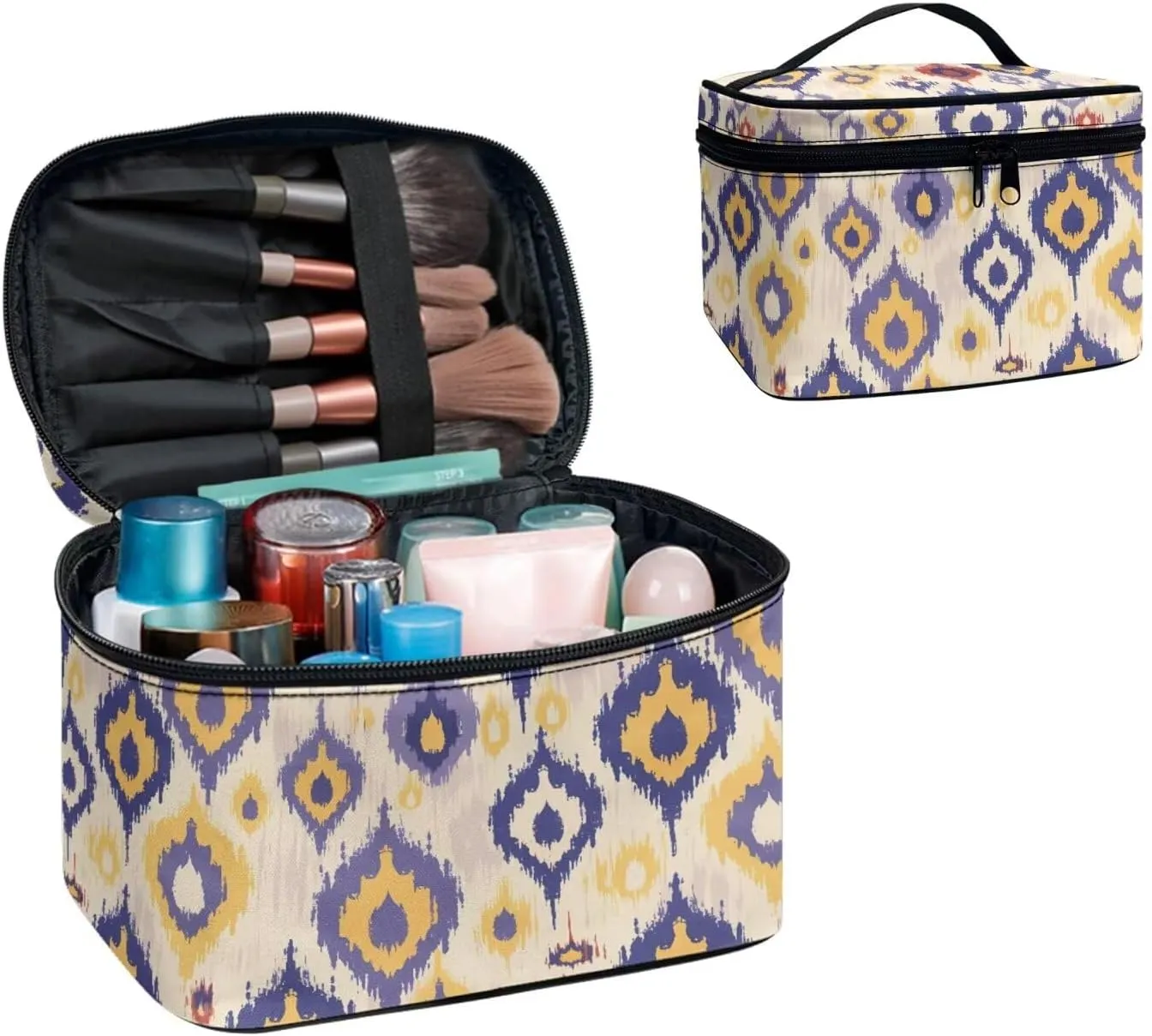 Ikat Pattern Travel Makeup Bag Essentials Bag for Women, Ethnic Indonesia Tie Dye Art Make Up Bag Cosmetic Organizer Travel-Size Toiletries Accessories