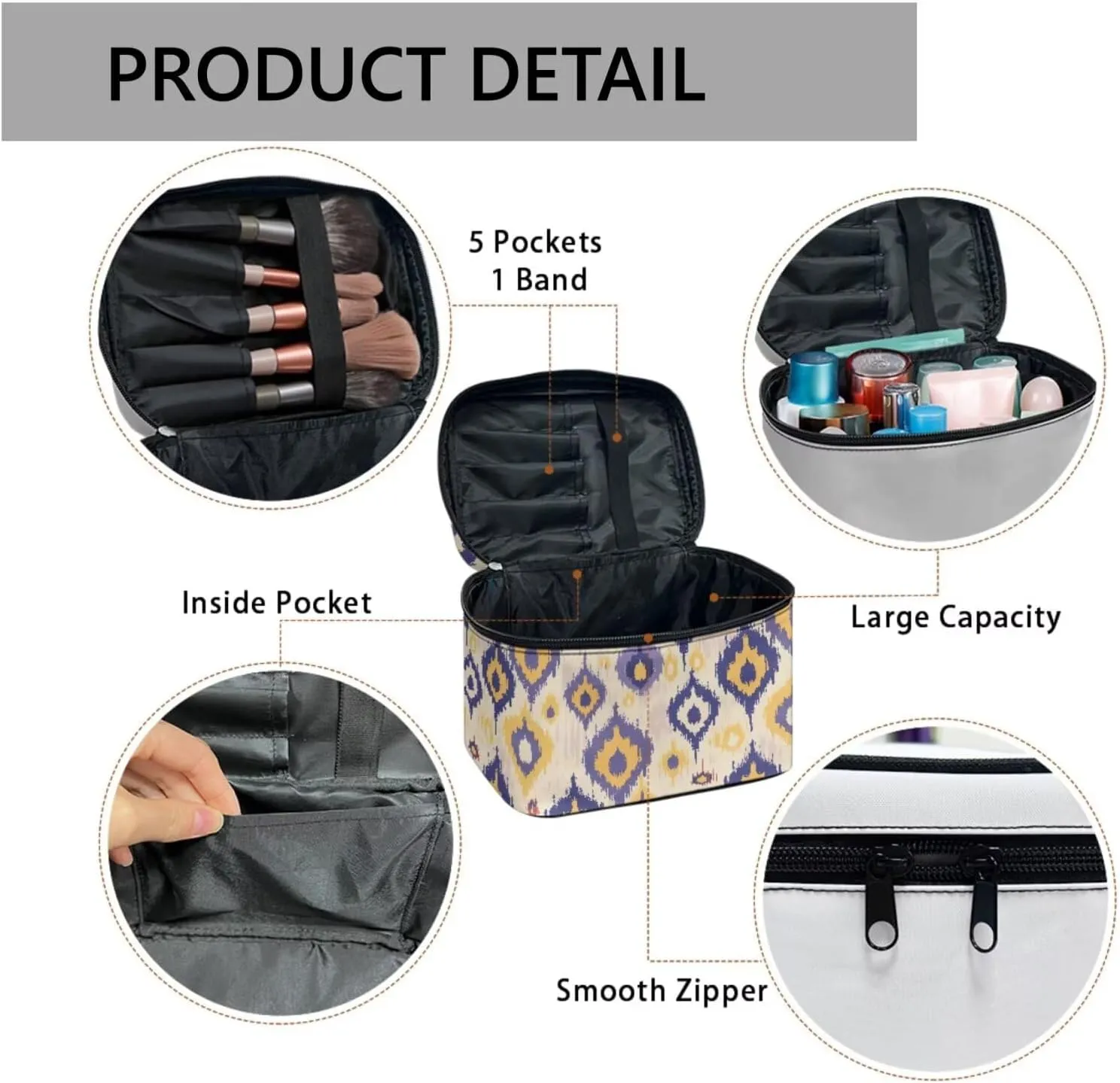Ikat Pattern Travel Makeup Bag Essentials Bag for Women, Ethnic Indonesia Tie Dye Art Make Up Bag Cosmetic Organizer Travel-Size Toiletries Accessories
