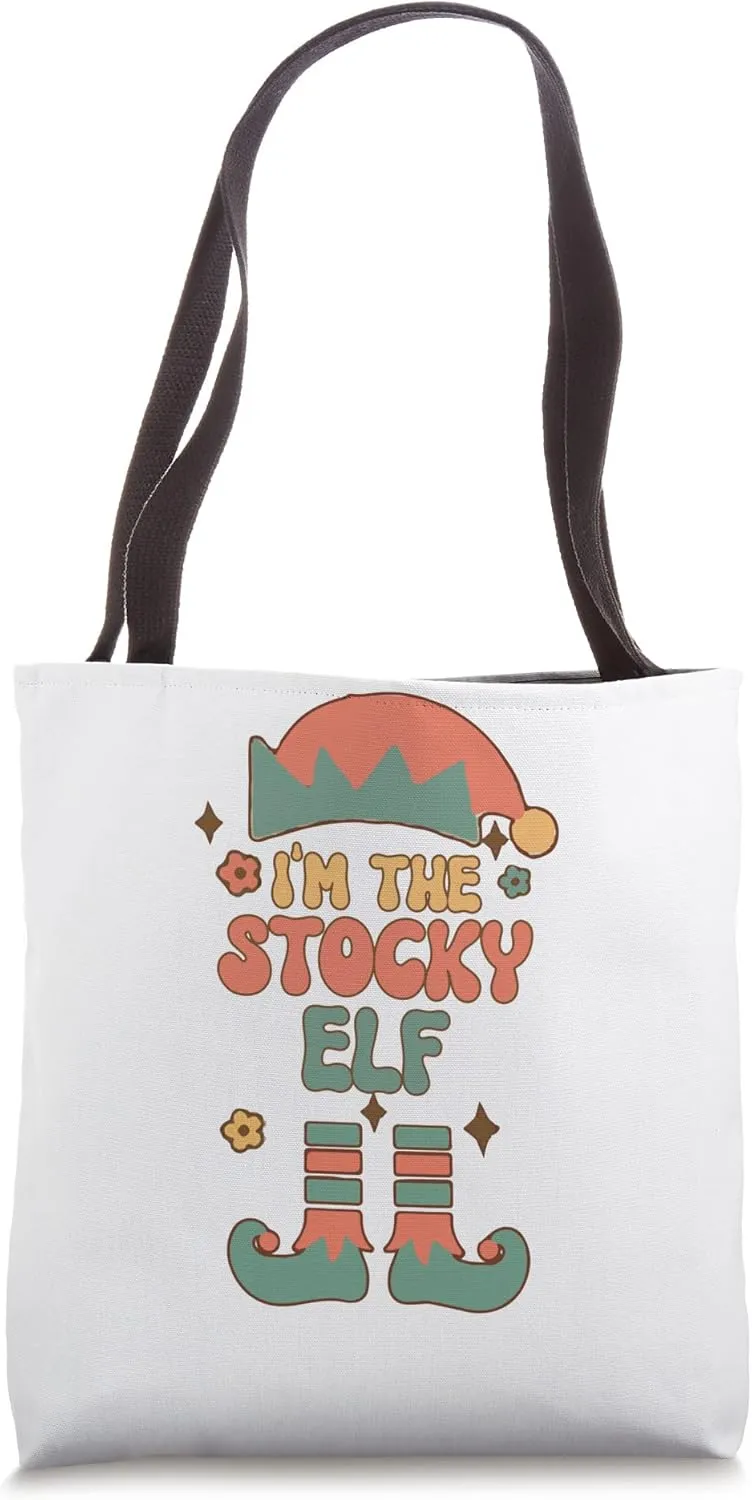 I'm the Stocky Elf matching team squad groovy text Christmas Tote Bag