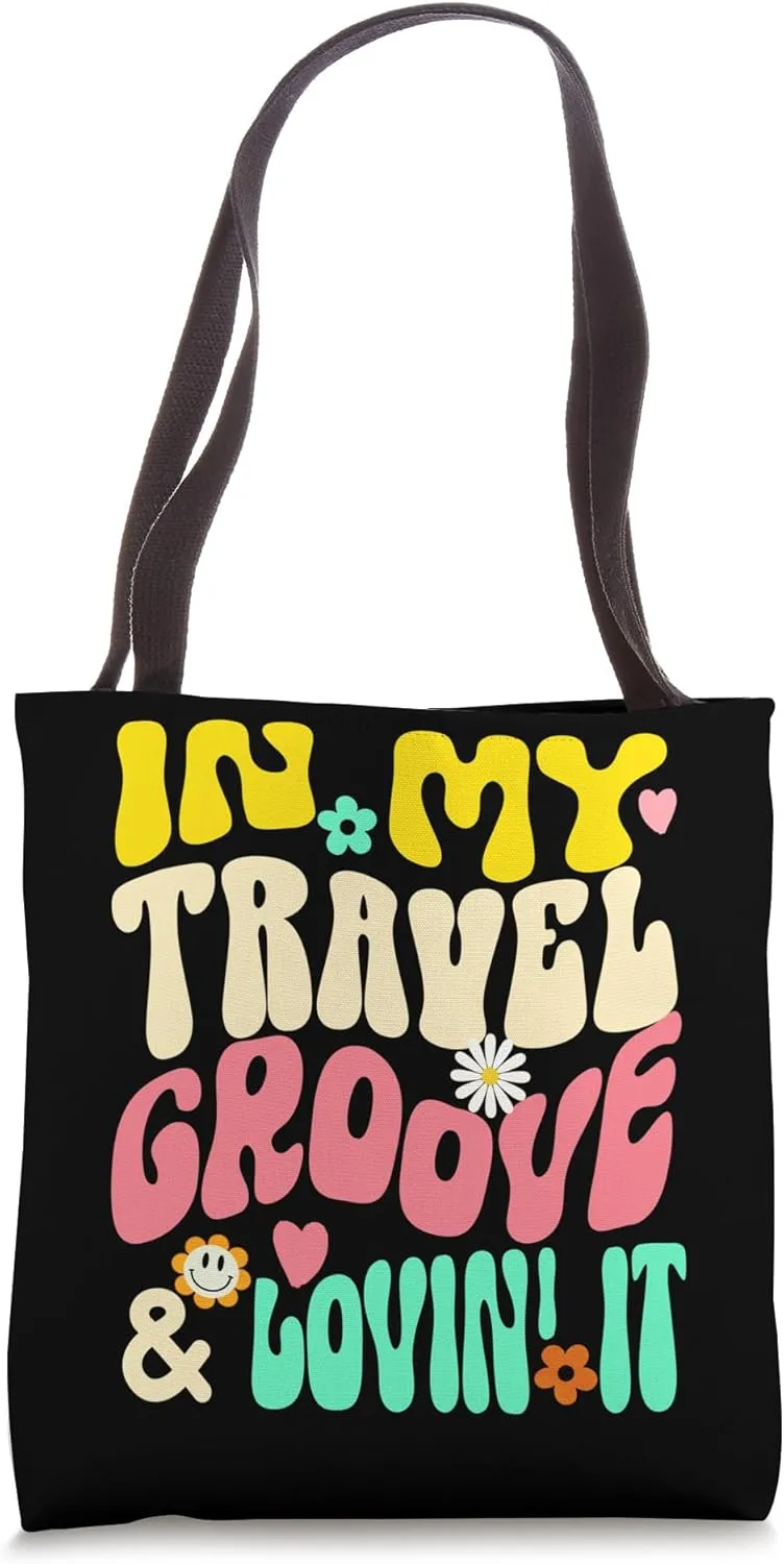 In My Travel Groove Groovy Retro Happy Flowers Hearts Tote Bag