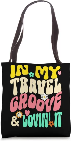 In My Travel Groove Groovy Retro Happy Flowers Hearts Tote Bag