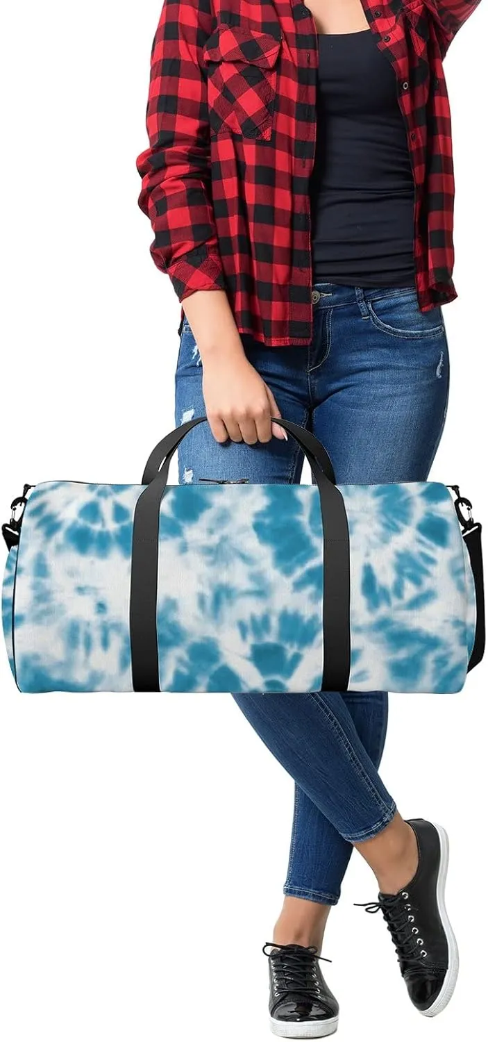 Indigo Blue Circle Tie Dye Sports Duffel Bag Travel Gym Tote Bags Lightweight Durable Shoulder Strap Waterproof Polyester Outside Mesh Pocket Overnight Trip Duffel Bag for Women Men