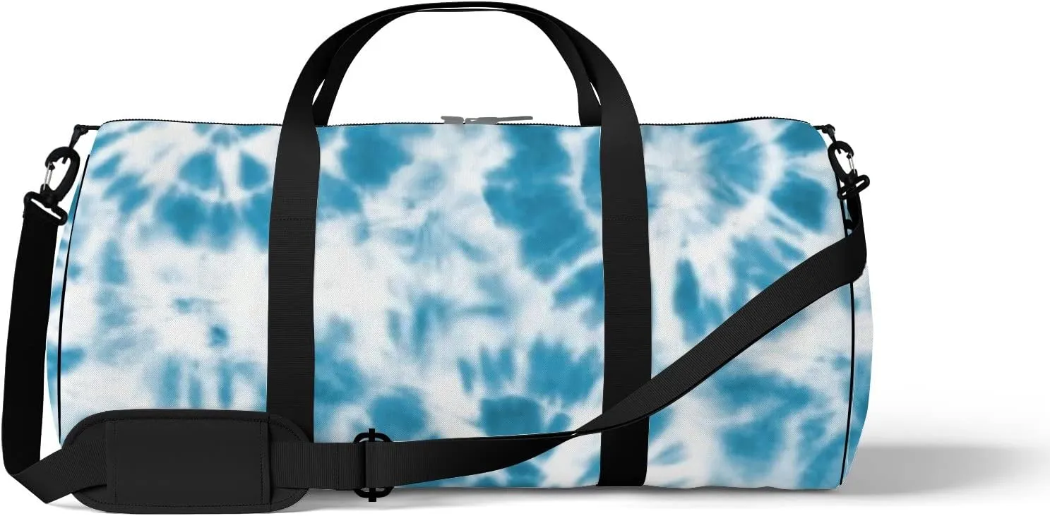 Indigo Blue Circle Tie Dye Sports Duffel Bag Travel Gym Tote Bags Lightweight Durable Shoulder Strap Waterproof Polyester Outside Mesh Pocket Overnight Trip Duffel Bag for Women Men