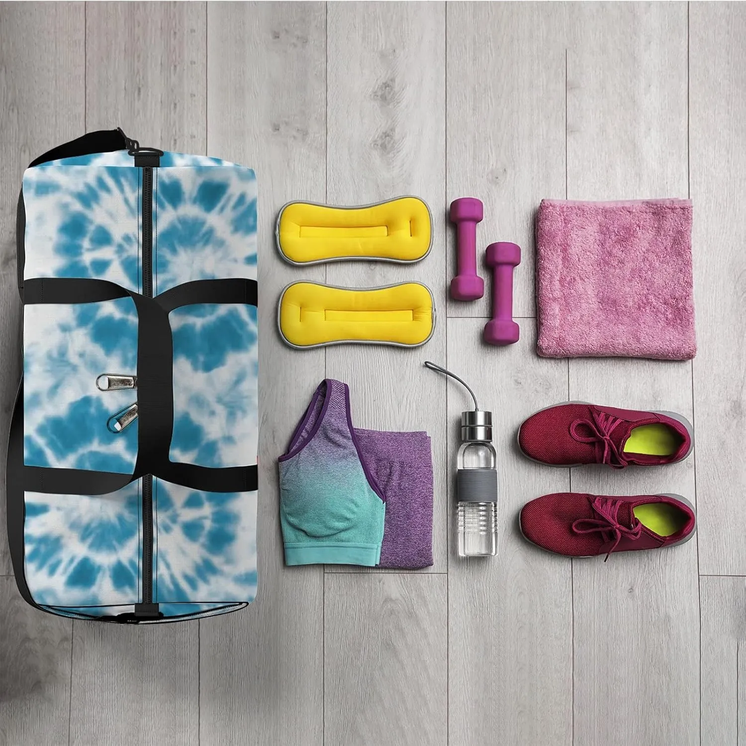 Indigo Blue Circle Tie Dye Sports Duffel Bag Travel Gym Tote Bags Lightweight Durable Shoulder Strap Waterproof Polyester Outside Mesh Pocket Overnight Trip Duffel Bag for Women Men