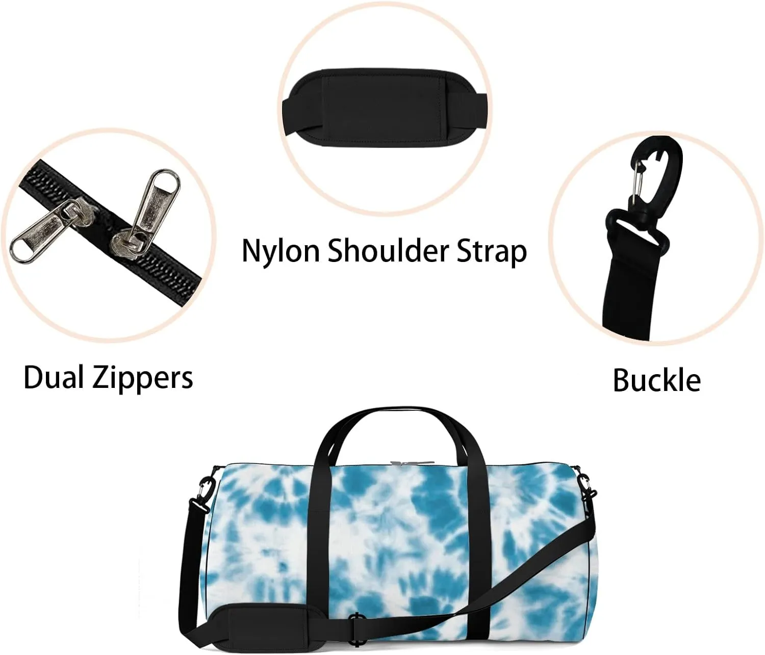 Indigo Blue Circle Tie Dye Sports Duffel Bag Travel Gym Tote Bags Lightweight Durable Shoulder Strap Waterproof Polyester Outside Mesh Pocket Overnight Trip Duffel Bag for Women Men