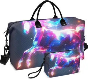 Iridescent Unicorn Colorful Travel Duffel Bags Makeup Pouch Set of 2, Print Women Small Duffle Bag Overnight Hospital Bag