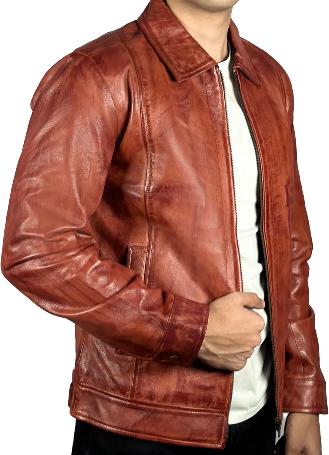 Isaac & David Chicago Men's New Black/Brown Lambskin Leather Classic Open Bottom Jacket Motorcycle Vintage Racing Jacket