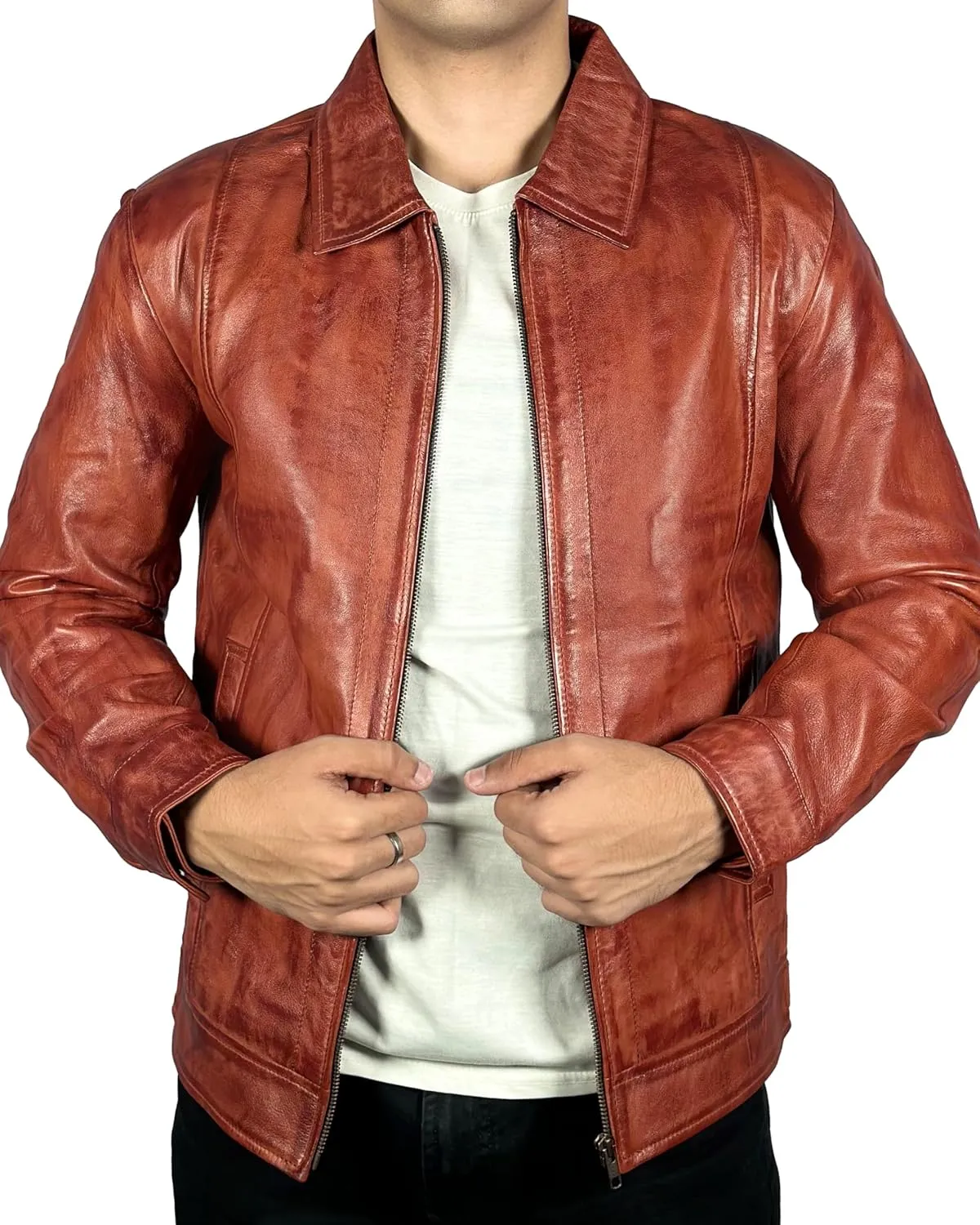 Isaac & David Chicago Men's New Black/Brown Lambskin Leather Classic Open Bottom Jacket Motorcycle Vintage Racing Jacket