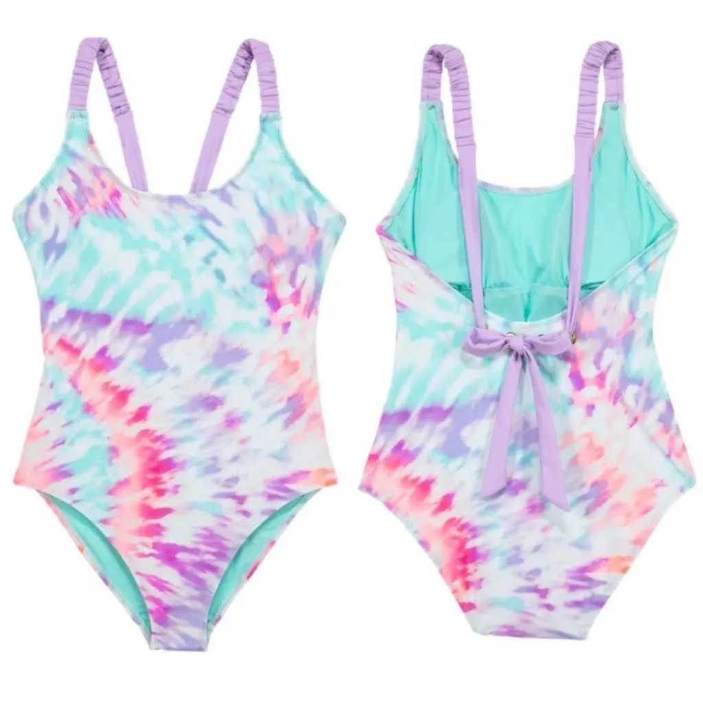 Island Soul Tie-Dye Scrunchie Straps Soft Tie Back One-Piece Swimsuit