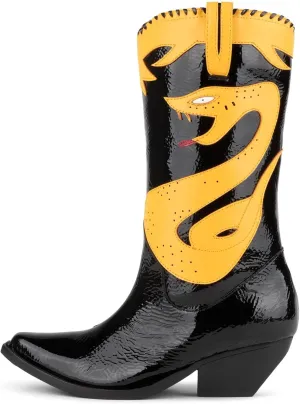 Jeffrey Campbell KLLR-Cobra Mid-Calf Snake Decal Western Boot Black Crinkle Pat Yellow