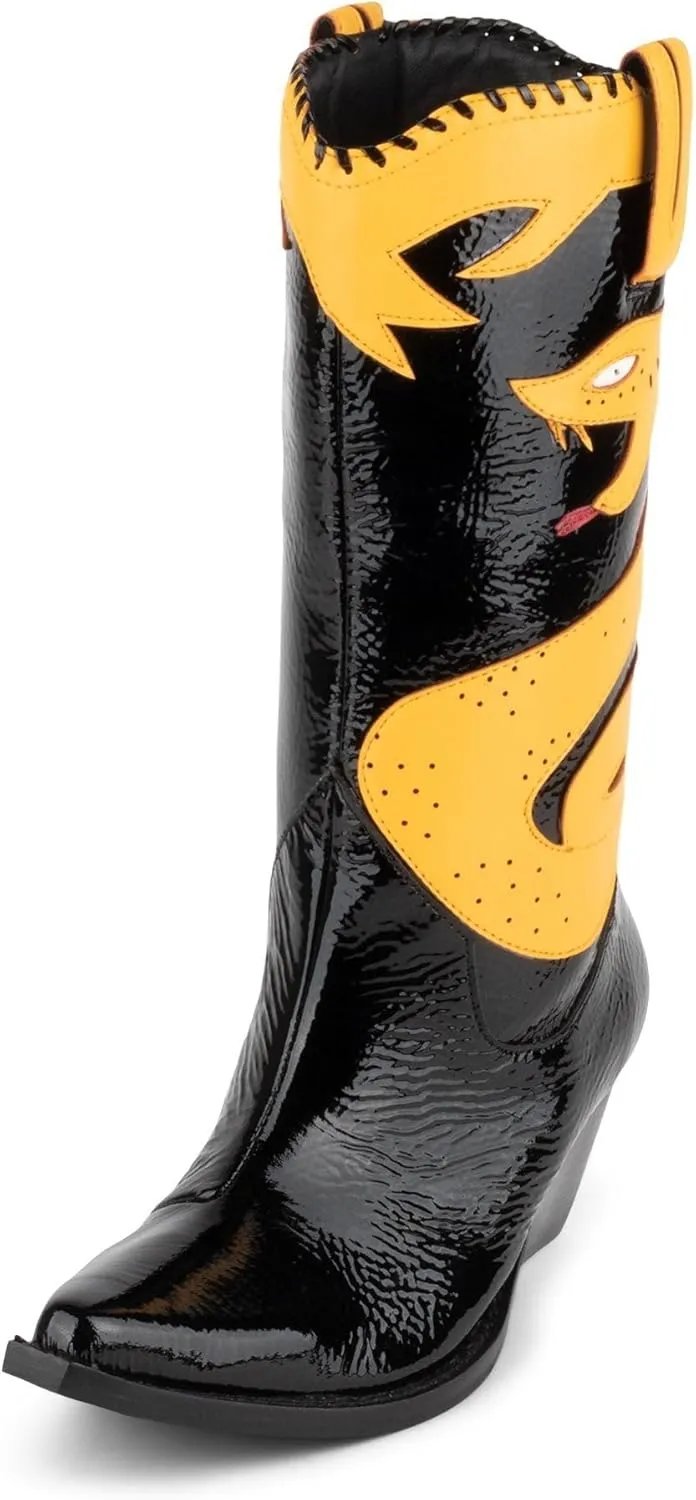 Jeffrey Campbell KLLR-Cobra Mid-Calf Snake Decal Western Boot Black Crinkle Pat Yellow