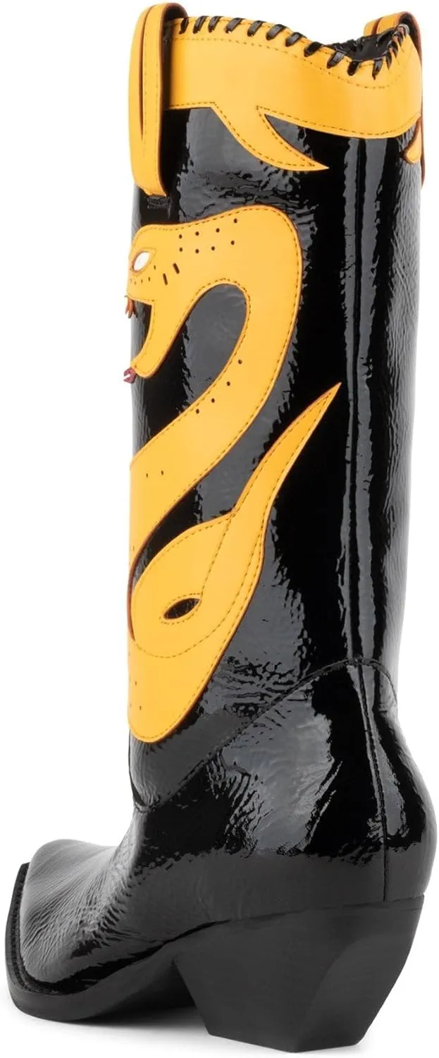 Jeffrey Campbell KLLR-Cobra Mid-Calf Snake Decal Western Boot Black Crinkle Pat Yellow