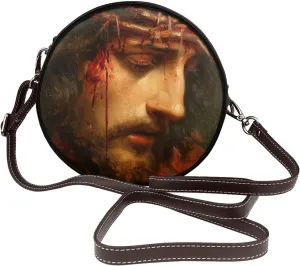 Jesus Christ Wearing A Crown Of Thorns Women Round Crossbody Bags Leather Sling Bag Purse