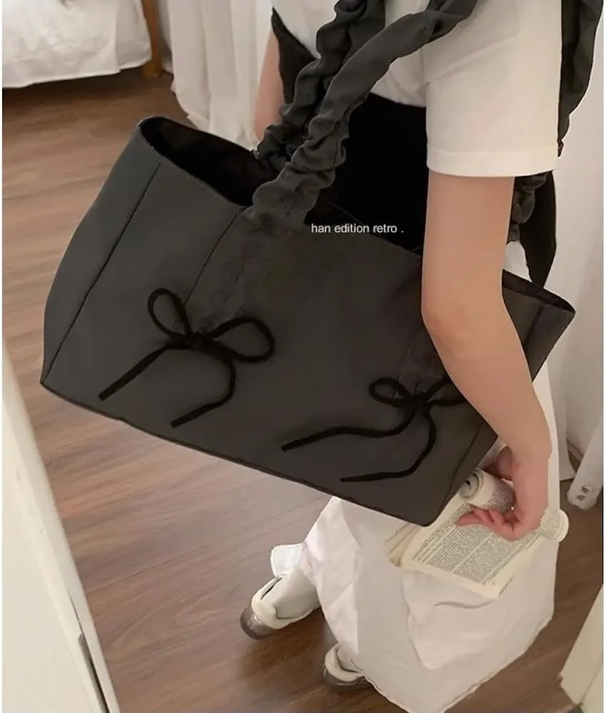 JHTPSLR Bow Tie Large Canvas Tote Bag Coquette Tote Bag Women Elegant Ribbon Bowknot Pleated Balletcore Shoulder Bag Handbag