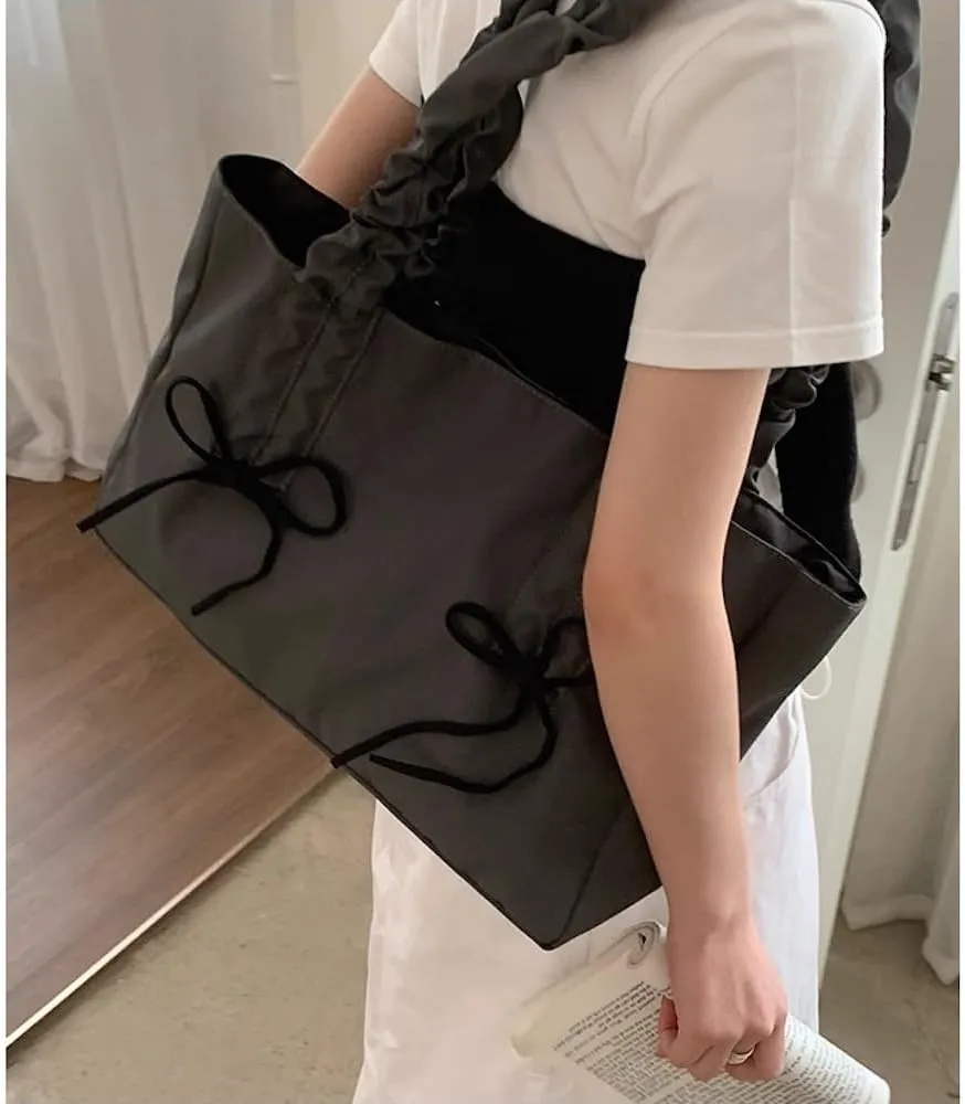 JHTPSLR Bow Tie Large Canvas Tote Bag Coquette Tote Bag Women Elegant Ribbon Bowknot Pleated Balletcore Shoulder Bag Handbag