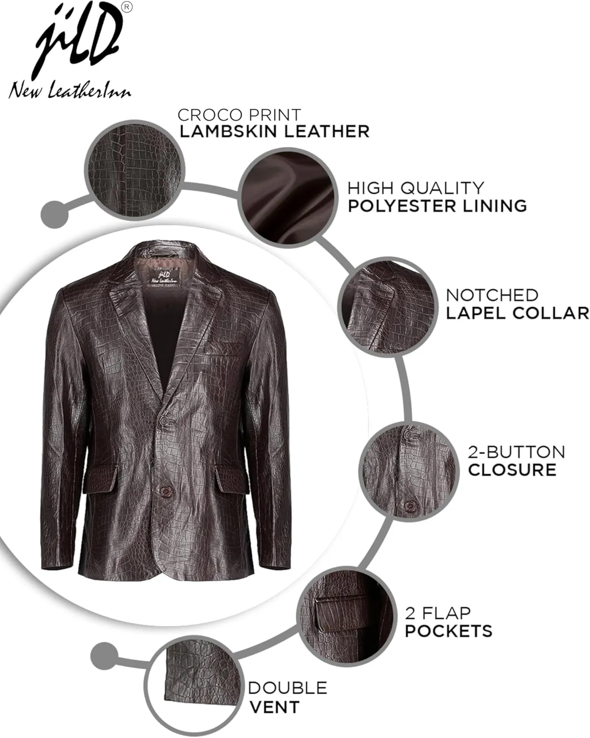 Jild 2-Button Croco Printed Premium Leather Blazer For Men - Notched Lapel Casual Coat Style Lambskin Leather Jacket Men