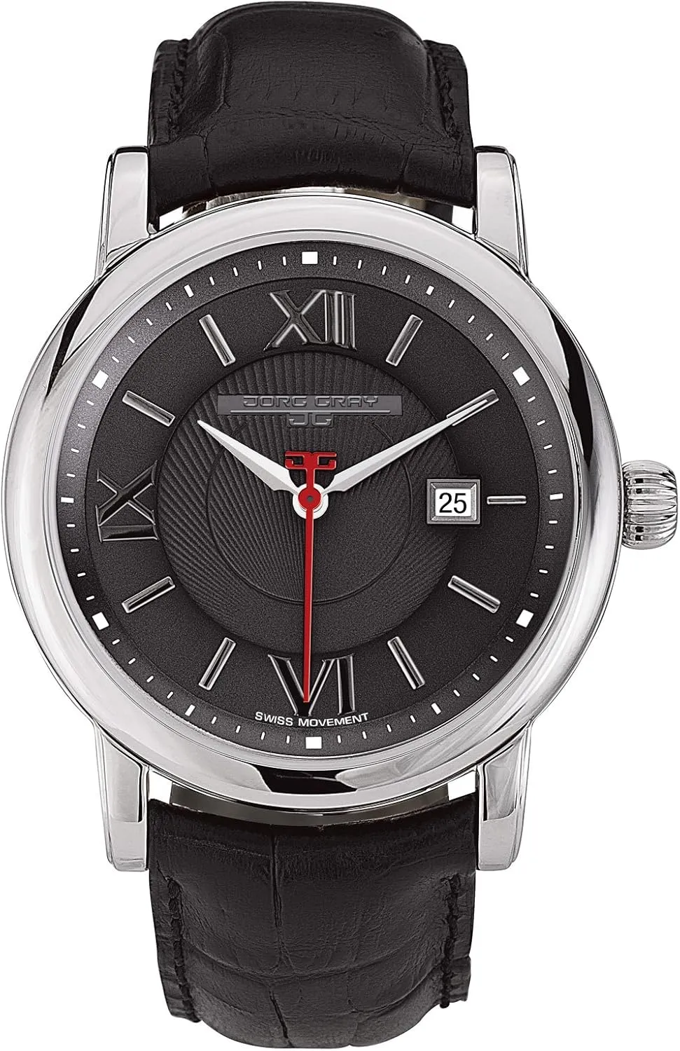 Jorg Gray JG7200-24 Round Watch with Black Italian Crocodile Leather Strapwith Steel Buckle