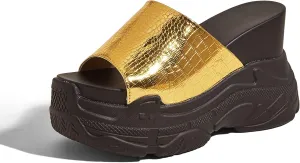 K KIP WOK Women‘s Wedge Chunky Sandals Heel Thick Bottom Summer Platform Slides Sequins Open Toe Tourist Slippers PU Leather Shoes
