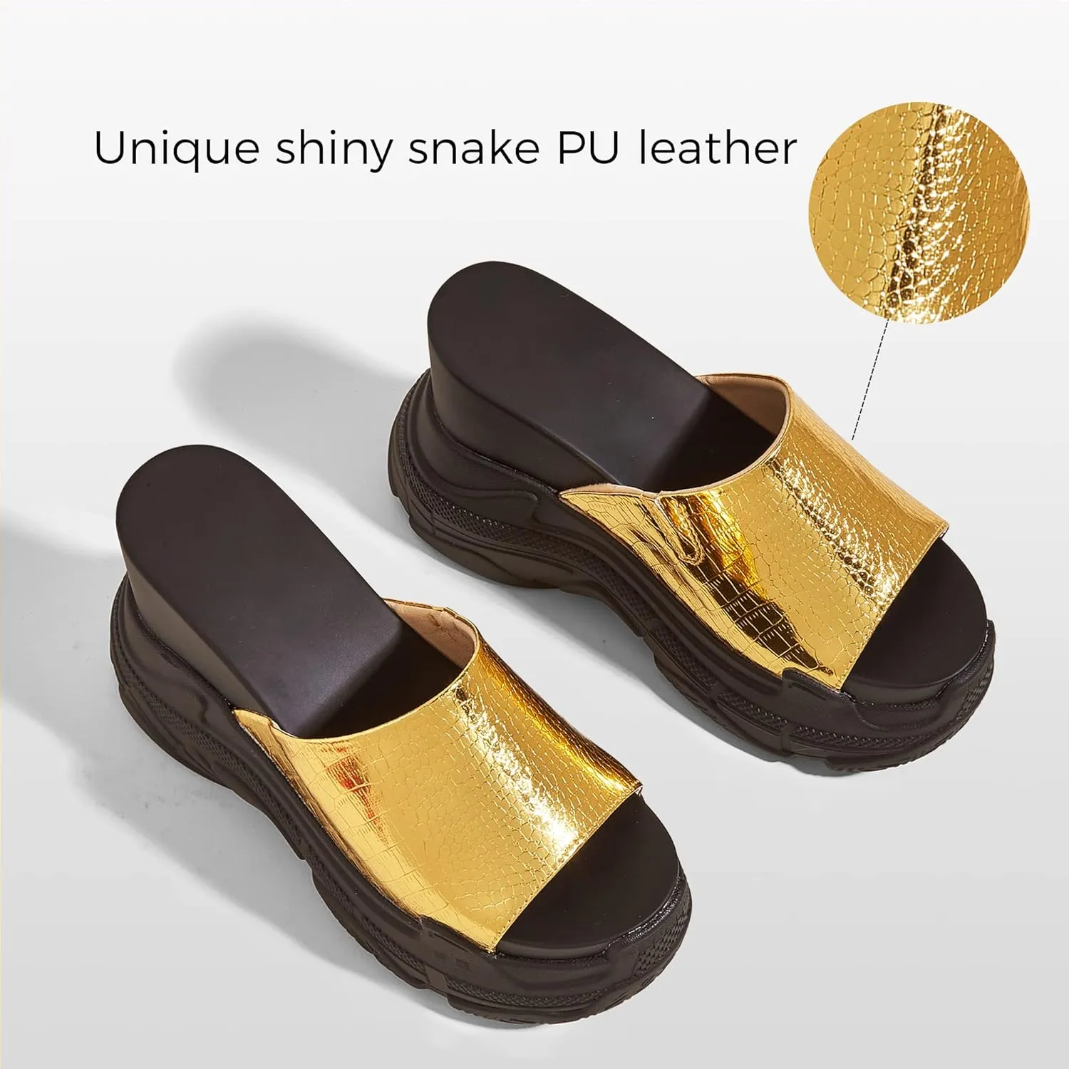K KIP WOK Women‘s Wedge Chunky Sandals Heel Thick Bottom Summer Platform Slides Sequins Open Toe Tourist Slippers PU Leather Shoes