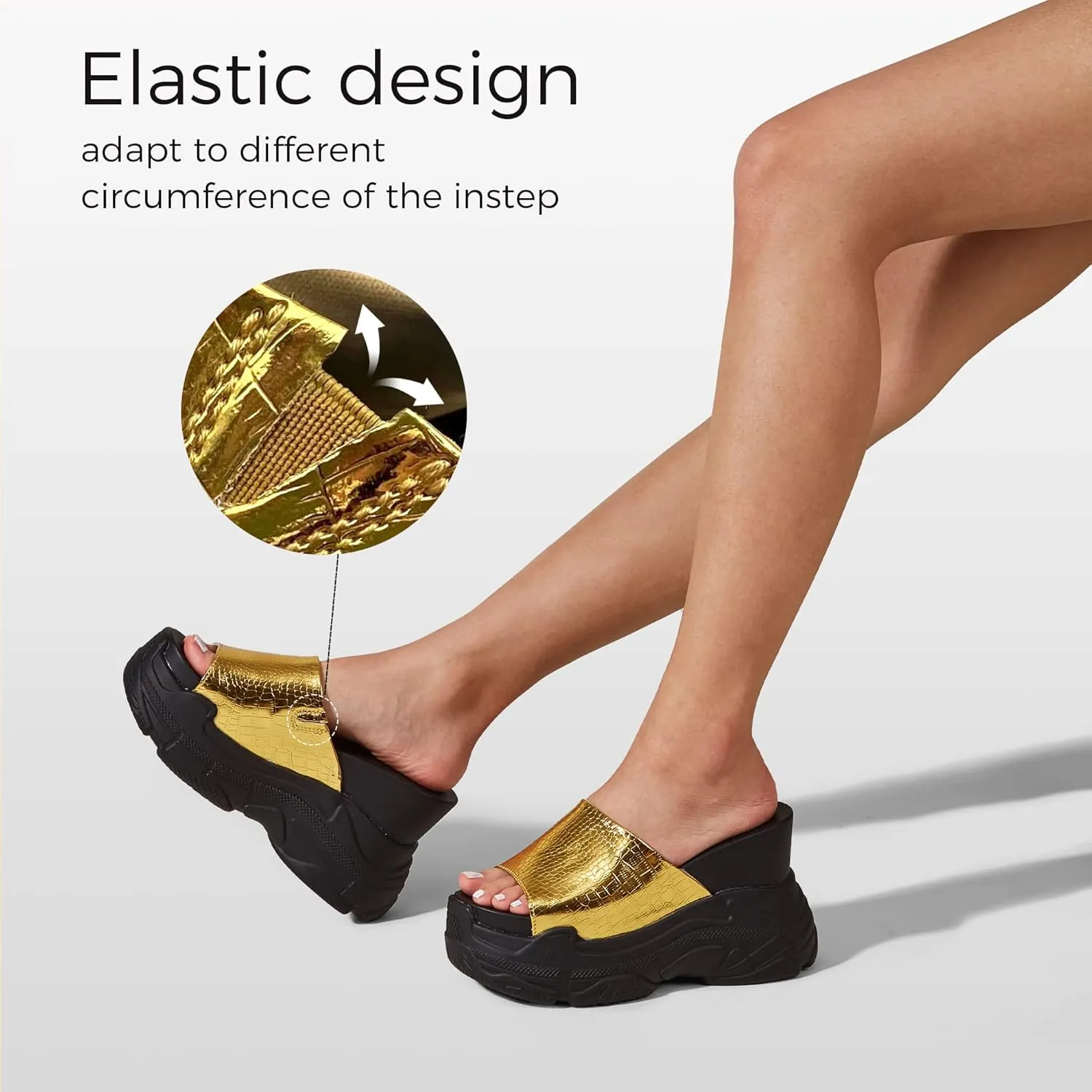 K KIP WOK Women‘s Wedge Chunky Sandals Heel Thick Bottom Summer Platform Slides Sequins Open Toe Tourist Slippers PU Leather Shoes