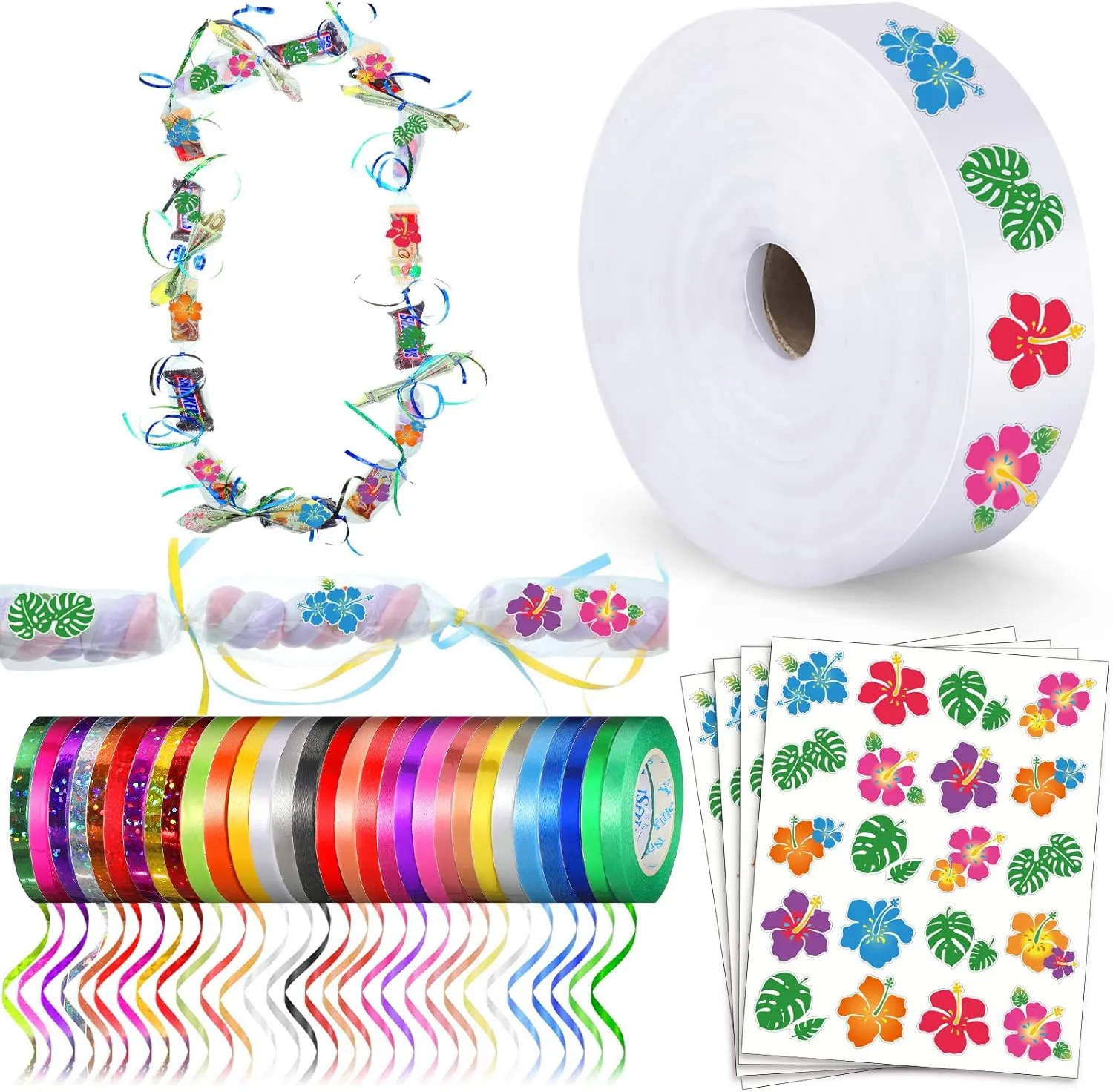 Karenhi Candy Lei Making Kit for Graduation Include 2 Inch x 1000 ft Ldpe Poly Candy Lei Tubing Roll,30 Pcs Graduation Ribbon,50 Sheets Flower Stickers Clear Netting Bags for Crafts Wreath