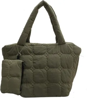 KARRESLY Quilted Tote Bag for Women Small Puffer Purse Quilted Nylon Padding Handbag with Wallet