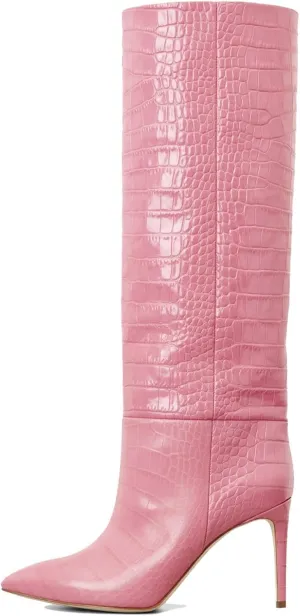keleimusi Women's Knee High Boots in Crocodile Embossed Pointed Toe Stiletto Pull-on Shoes for Women