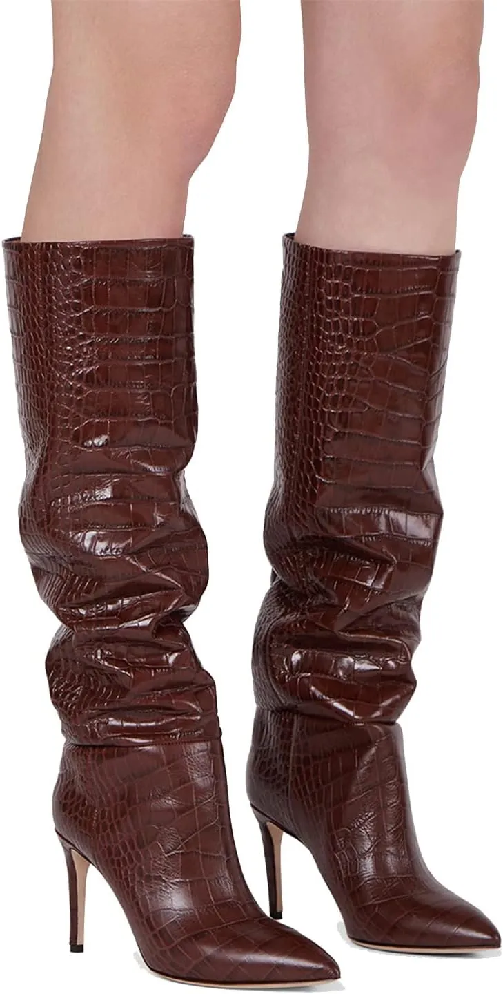 keleimusi Women's Knee High Boots in Crocodile Embossed Pointed Toe Stiletto Pull-on Shoes for Women