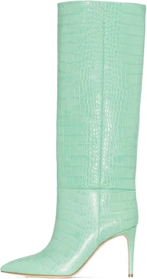 keleimusi Women's Knee High Boots in Crocodile Embossed Pointed Toe Stiletto Pull-on Shoes for Women