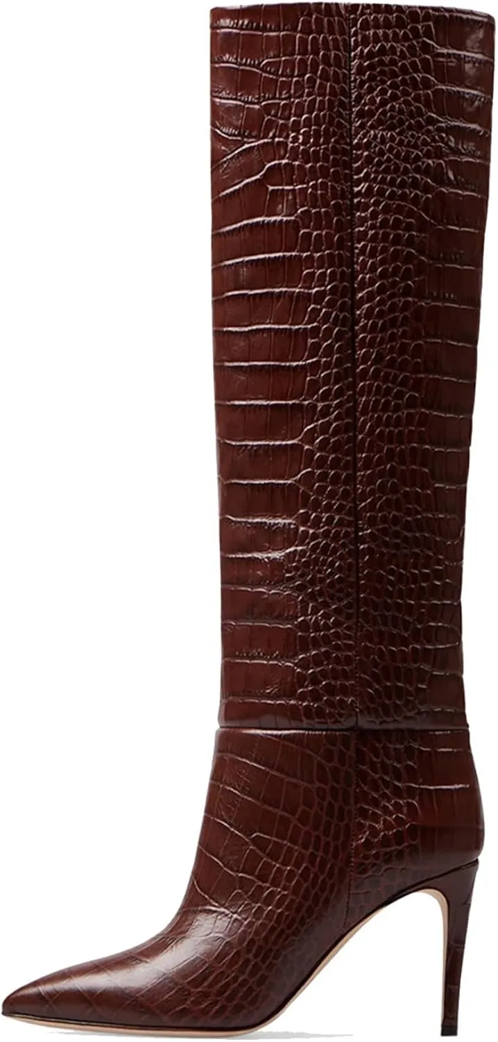 keleimusi Women's Knee High Boots in Crocodile Embossed Pointed Toe Stiletto Pull-on Shoes for Women