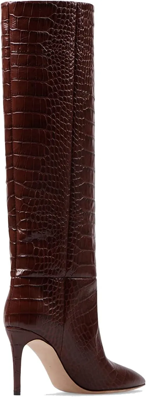 keleimusi Women's Knee High Boots in Crocodile Embossed Pointed Toe Stiletto Pull-on Shoes for Women