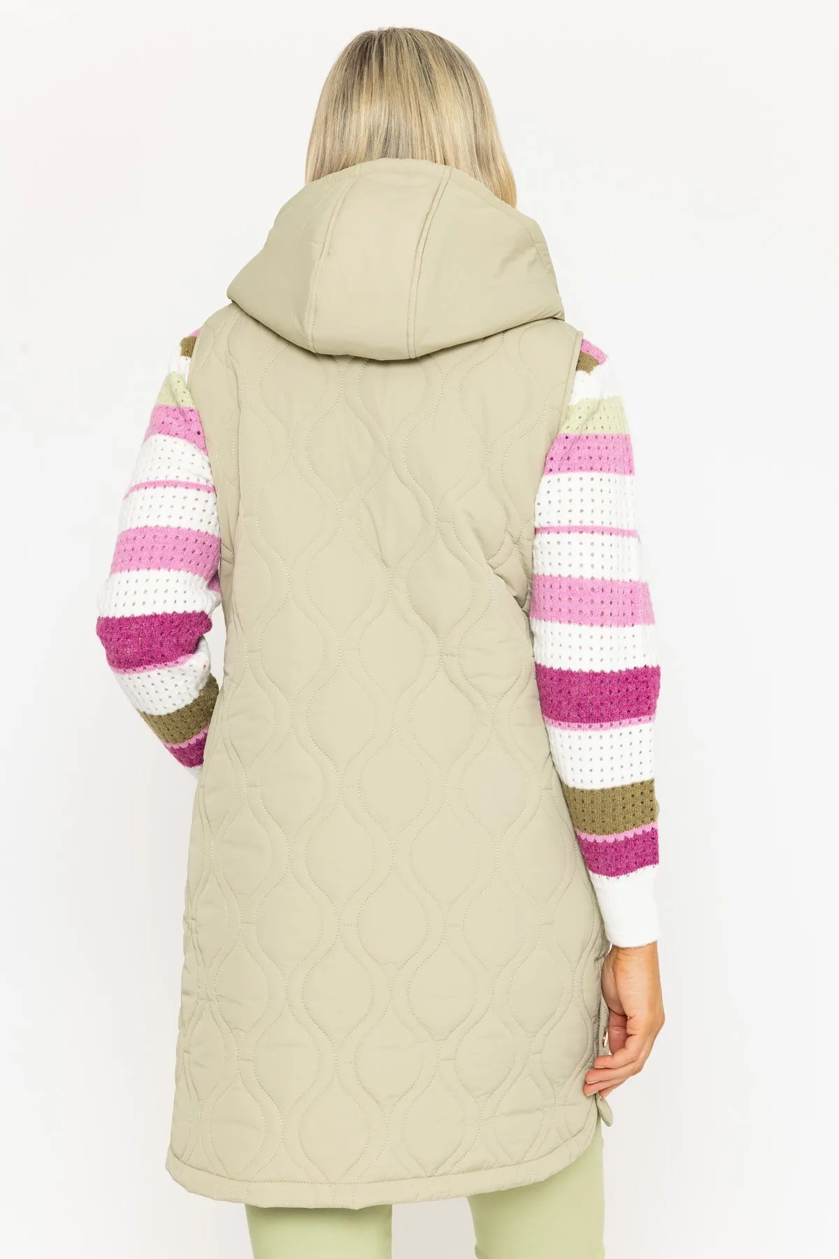 Khaki Long Line Quilted Gilet