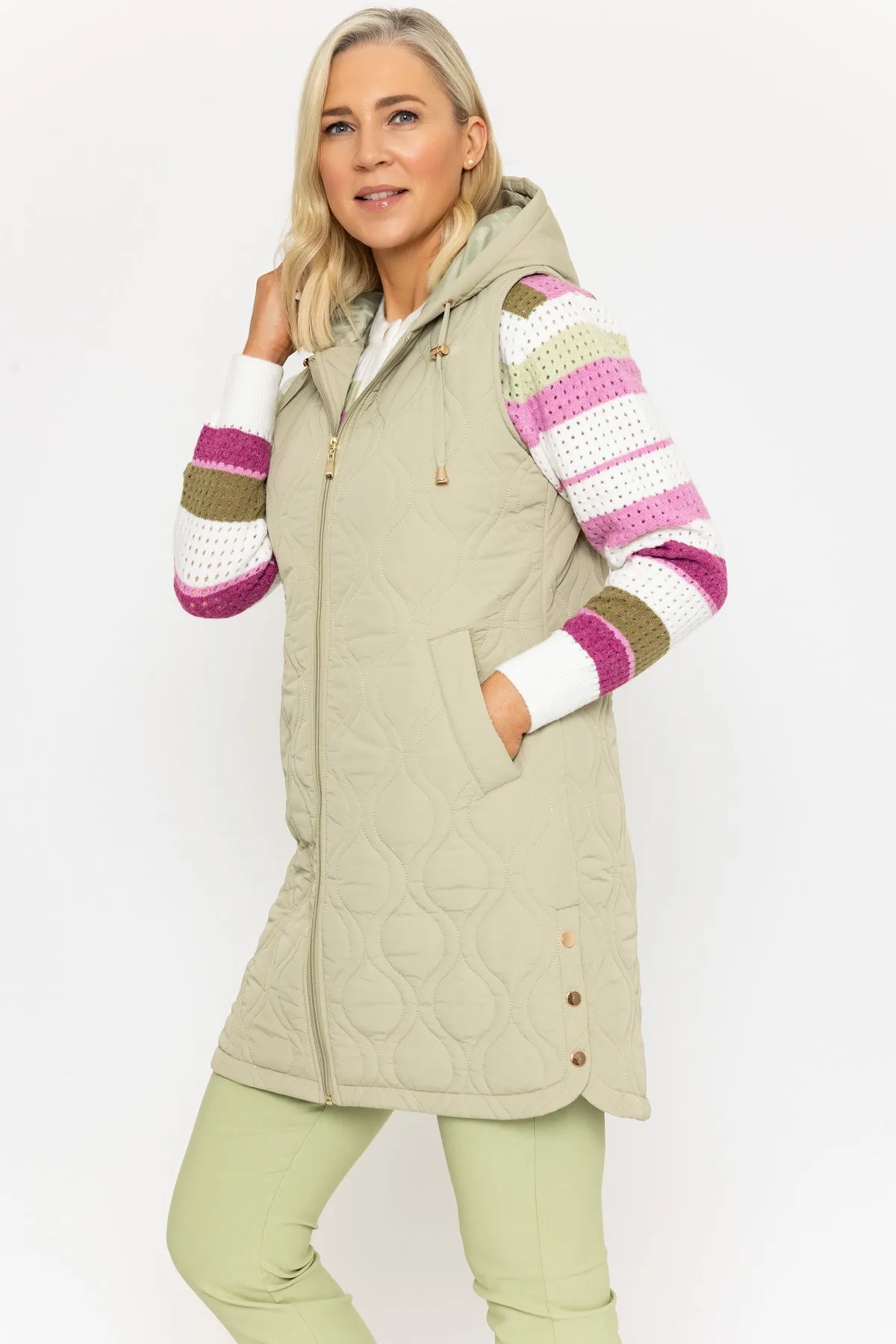 Khaki Long Line Quilted Gilet