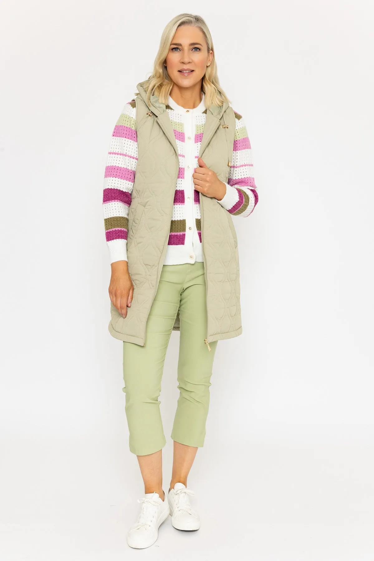 Khaki Long Line Quilted Gilet