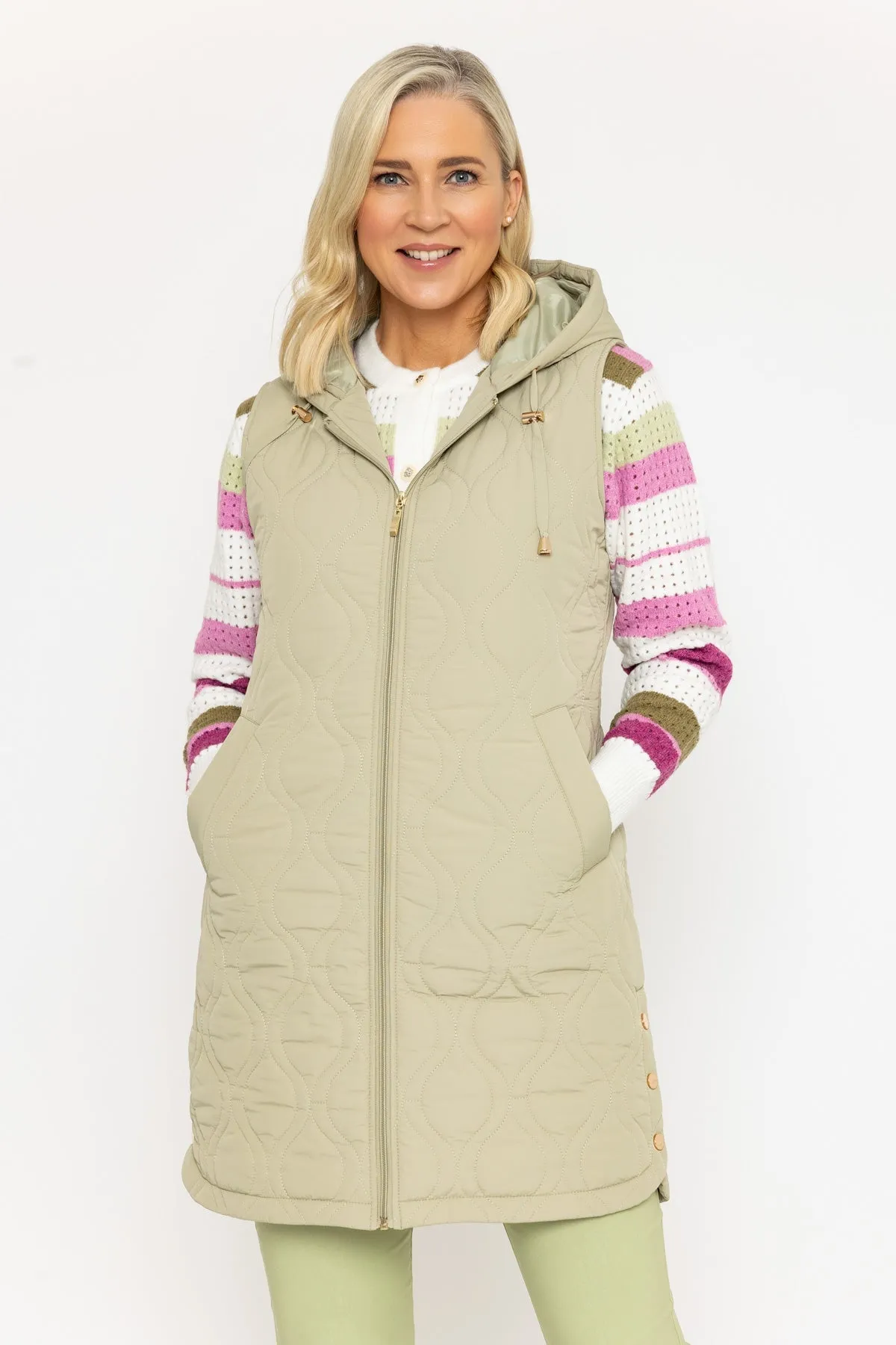 Khaki Long Line Quilted Gilet