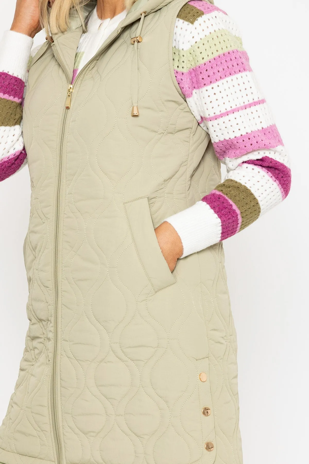 Khaki Long Line Quilted Gilet