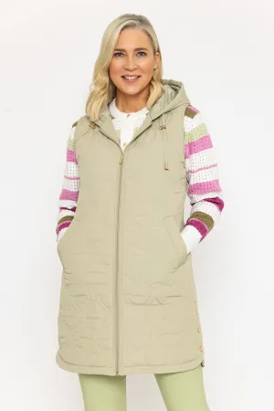 Khaki Long Line Quilted Gilet