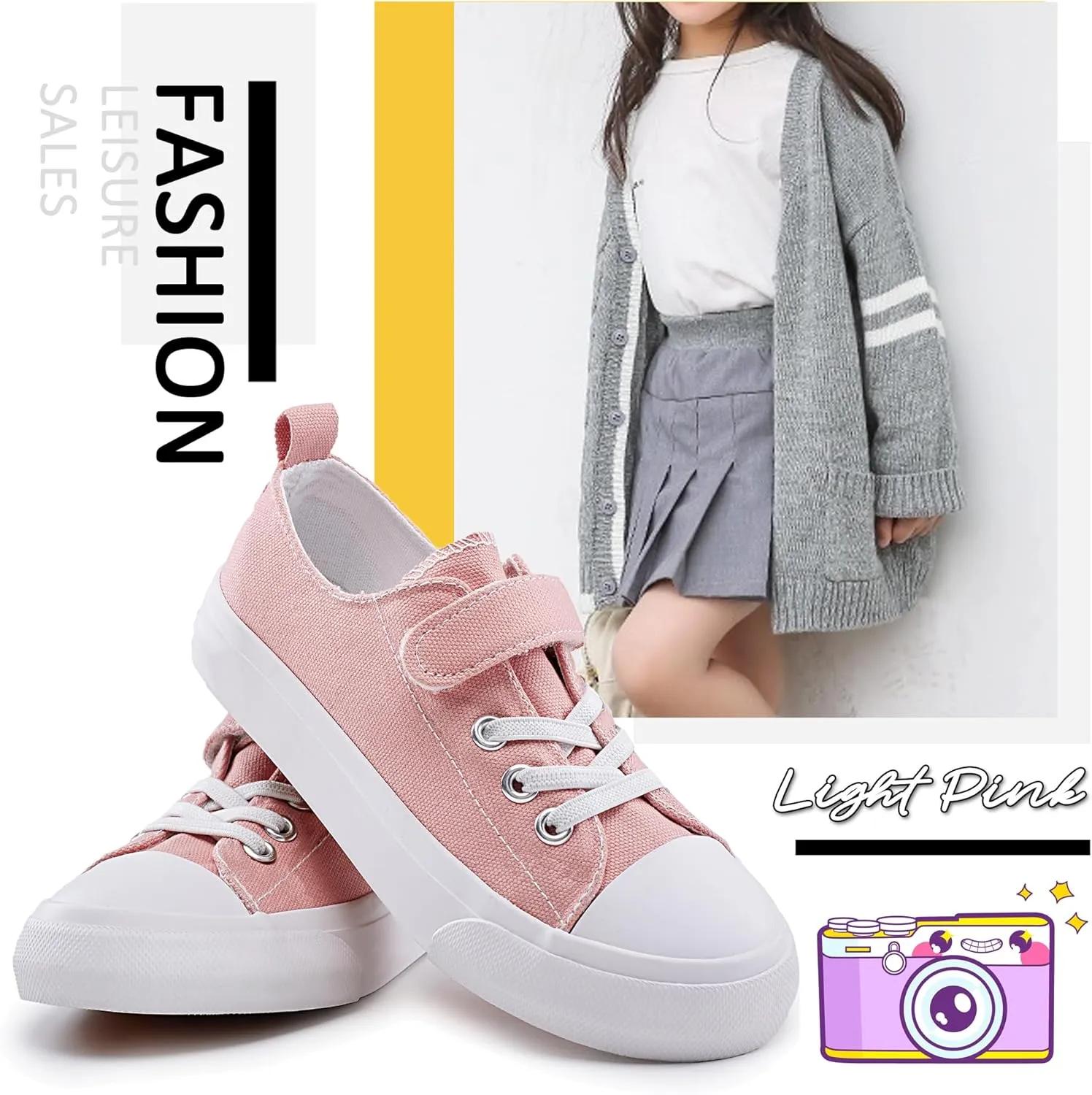 Kids Canvas Sneakers for Boys Girls Lace-up Canvas Shoes Low Top Toddler Walking Shoes Casual Lightweight Adjustable Strap Big Kid Running Sneakers