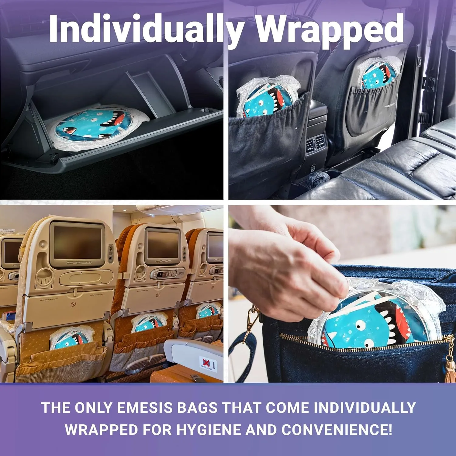 Kids Vomit Bags Disposable 20 Pack - Individually Wrapped Barf Bags with Cute Monster Print - Leak Proof Self Sealing Emesis Bags for Motion Car Sickness and Nausea - Ideal for Taxis, Airplane Travel