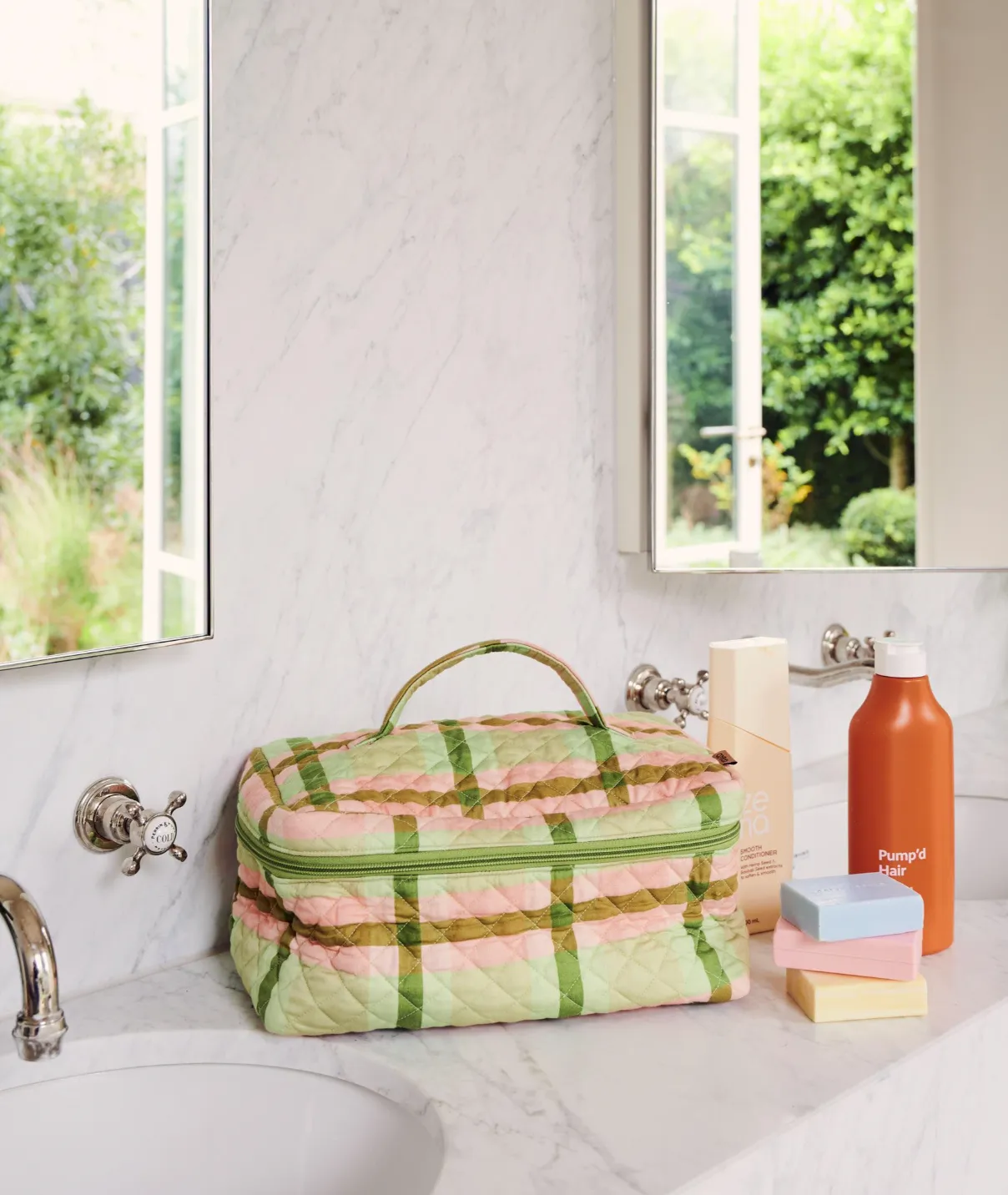 Kip & Co Pistachio Tartan Quilted Cotton Toiletry Case